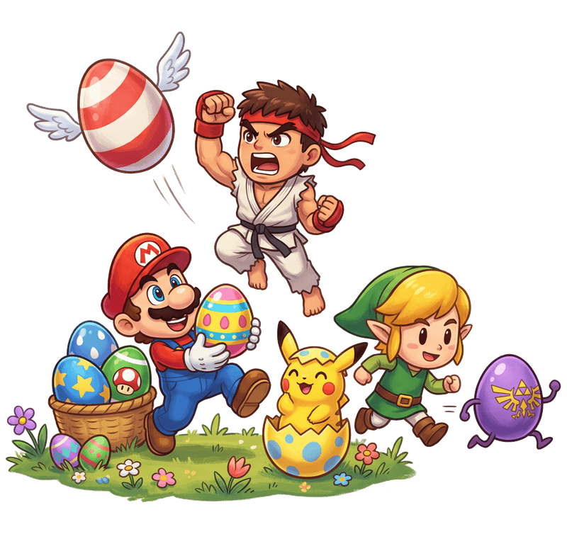 CoinOPS Happy Easter 2026 — retro gaming characters on an Easter egg hunt