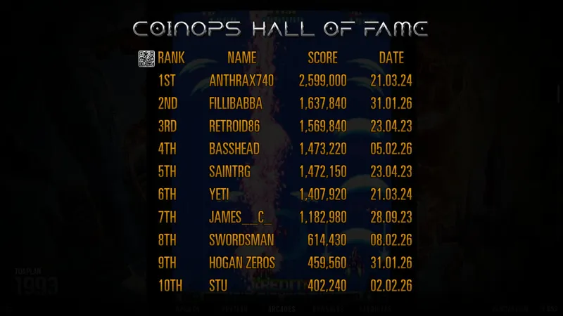 CoinOPS Hall of Fame overlay showing Batsugun leaderboard